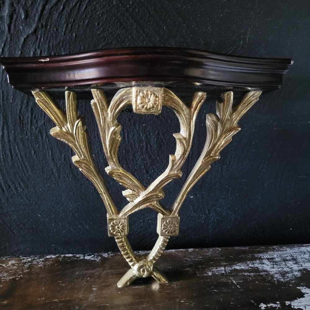 Vintage Chelsea House Brass and Wood Finish Floating Wall Shelf Plate Shelf